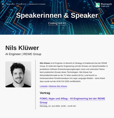 Rheinwerk »Coding mit KI« speaker announcement for Nils Klüwer